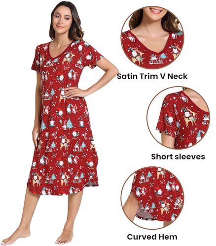 Image of NACHILA Nightgowns for Women-Viscose Made from Bamboo, V Neck Sleepshirts Short Sleeve Sleepwear Cool Nightshirt
