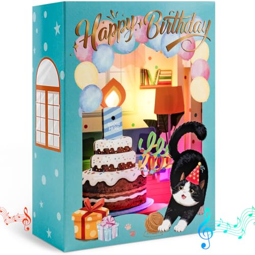Carte d'anniversaire 3D chat pop-up gâteau de fête carte sonore lumineuse interactive