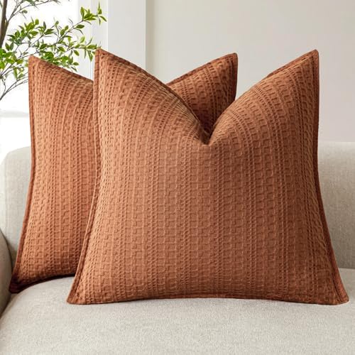 Image of Foindtower Set of 2 Decorative Cotton Waffle Weave Throw Pillow Covers Euro Shams Cushion Covers Accent European Pillowcase for Bed Couch Sofa Bedroom Living Room Home Decor 24x24 Inch Burnt Orange