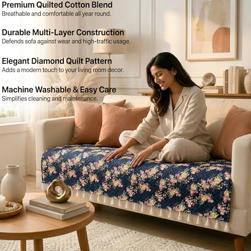 Image of BSB HOME Cotton Sofa Cover Throw with Tassels, Soft Breathable Fabric, Printed Couch Cover for Living Room, Lightweight Furniture Protector (27 x 70 Inches / 69 x 178 cm) (Navy Blue & Floral Pink)