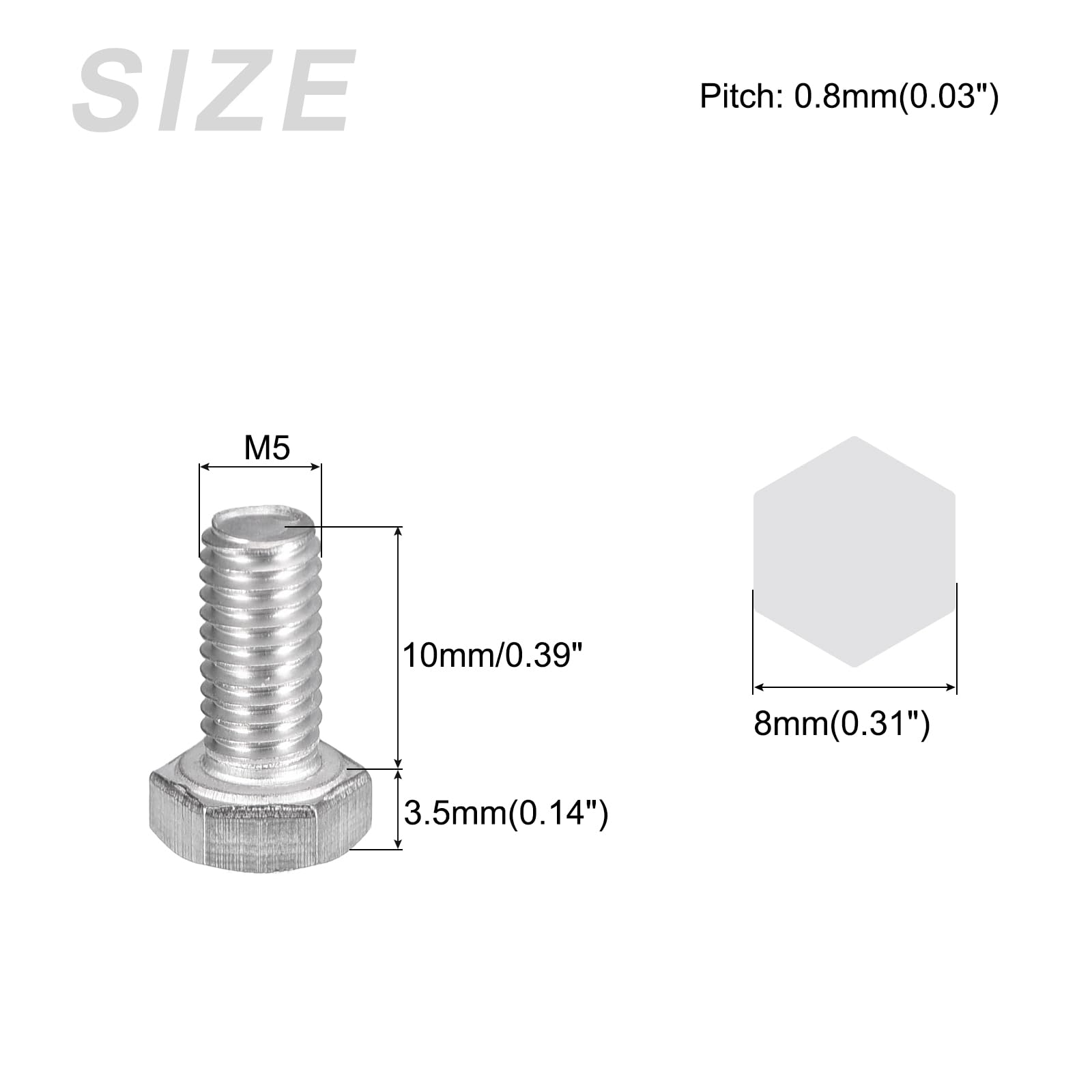 METALLIXITY Hex Bolts (M5-0.8x10mm) 50Pcs, 304 Stainless Steel Coarse Fully Threaded Hex Head Screw Bolt Machine Screws - Image 2