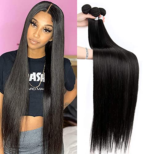 Panstorya 10A Grade Straight Human Hair Bundles 24 26 28 inch 100% Unprocessed Brazilian Virgin Hair Straight 3 Bundles Human Hair Weave Extensions Natural Color