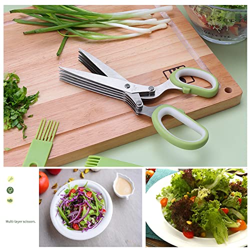 Image of Herb Scissors Set,Multipurpose 5 Blade Kitchen Herb Cutter with Safety Cover and Cleaning Comb for Cutting Shredded Lettuce, Cilantro Fresh, Green Onion Fresh and etc.