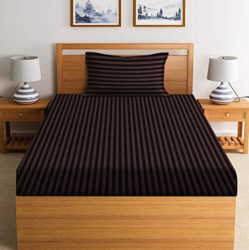 Luxury Trends Cotton 220 Thread Count Egyptian Solid Striped Single/Coat Size Bed Flat Bed Sheets, 1 Pillow Cover (Brown Stripe)