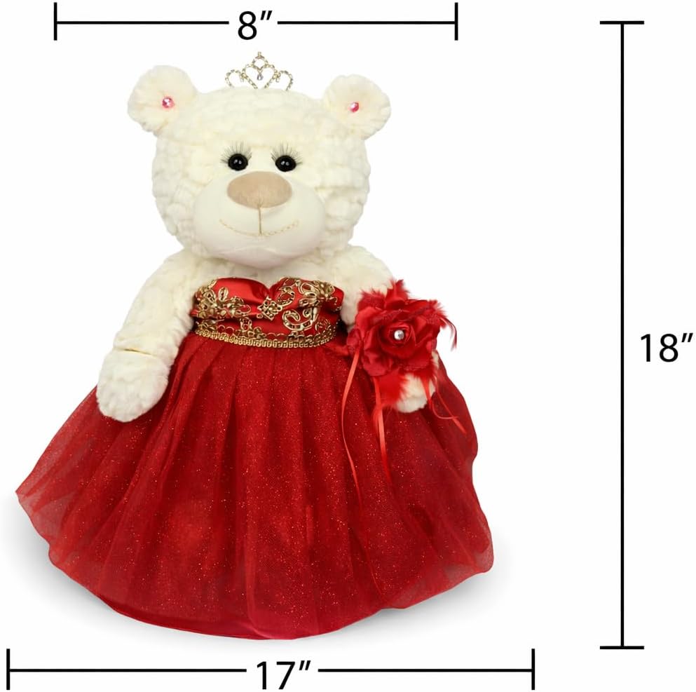 KINNEX COLLECTIONS SINCE 1997 Classic Size Quinceañera Bear with Elegant Dress – Gift-Ready Keepsake and Centerpiece Decoration for 15 Años, OSO Quinceañera Tradicional B14631-14G (RED/Gold)