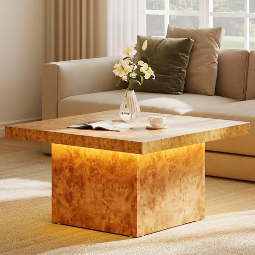 YITAHOME Coffee Table Square LED Coffee Table, Burl Wood Grain Tea Coffee Tables for Living Room/Apartment, Modern Wooden Center Table for Office Decor, Burl Wood