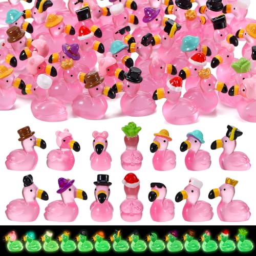 GGSTDDUP 48 Pcs Mini Flamingos 14 Styles Luminous Mini Resin Animals Tiny Flamingos Cute Tny Resin Animals Flamingo Figurine for Garden Dollhouse Home Office Landscape Party Cake Decor