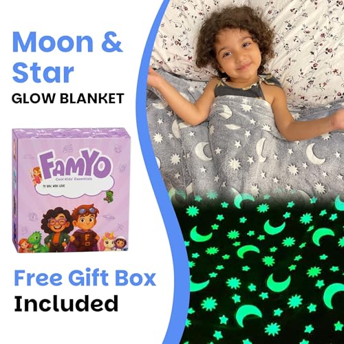 Image of Famyo Moon Stars Glow Blanket for Gifting for Kids | Birthday Gift for 0-15 yrs| AC Blanket for Children | Return Gifts, Party Favour | Perfect for Gifting for Niece /Nephew /Son /Daughter (Grey)