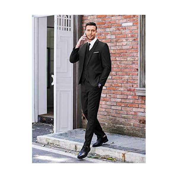 COOFANDY Men's 3 Piece Slim Fit Suit Set One Button Jacket Blazer Vest Pants Set Wedding Formal Prom Tuxedo Suits, Black, X-Large - Image 3