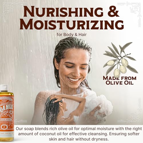 Image of Carolina Castile Soap Orange Scent - Certified Organic Base, High Olive Oil Content, Non-Drying, Made with Organic Oils, Concentrated Natural Body Wash for Men and Women (Orange, 32 Fl Oz)