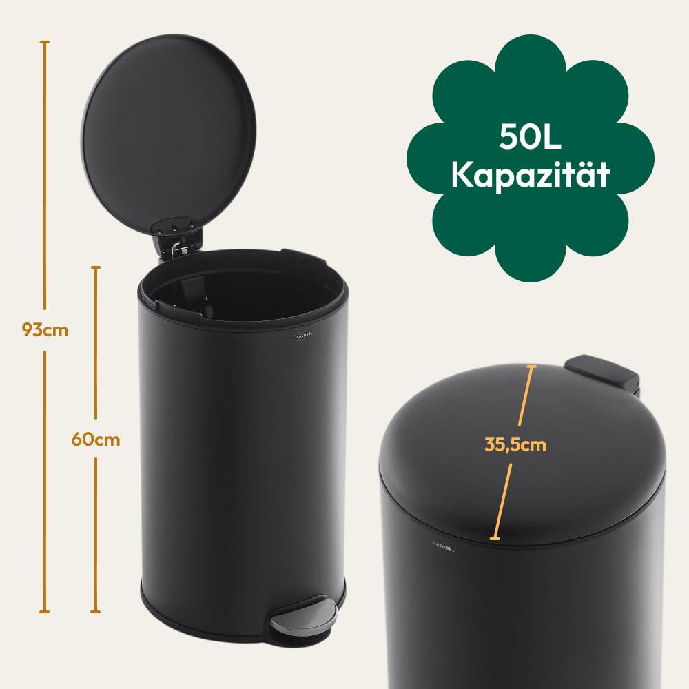 CASABEL runder Küchenabfalleimer 50L, Edelstahl, schwarz | Pedalöffnung, Soft-Close, fingerabdruckresistenter Edelstahl, Beutelhaltering, Tragegriff, pflegeleicht