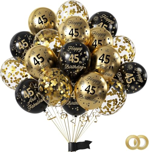 Décoration Anniversaire 45 Ans,15pcs Noir Or Ballon Confettis Latex Ballons,Deco pour 45 ans Anniversaire Fille Femme Homme Anniversaire Mariage Fête d'Anniversaire Décoration