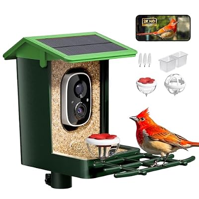 Bird Feeder with Camera Solar Powered 2K HD Video, 10,000+ Species AI Recognition, Real-Time App Alerts, and Weatherproof Design for Effortless Birdwatching, Gift for Father's Day, Grass Green