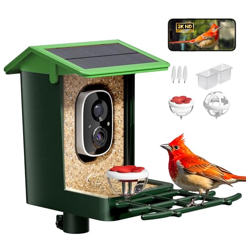 Bird Feeder with Camera Solar Powered 2K HD Video, 10,000+ Species AI Recognition, Real-Time App Alerts, and Weatherproof Design for Effortless Birdwatching, Gift for Bird Lovers, Grass Gree