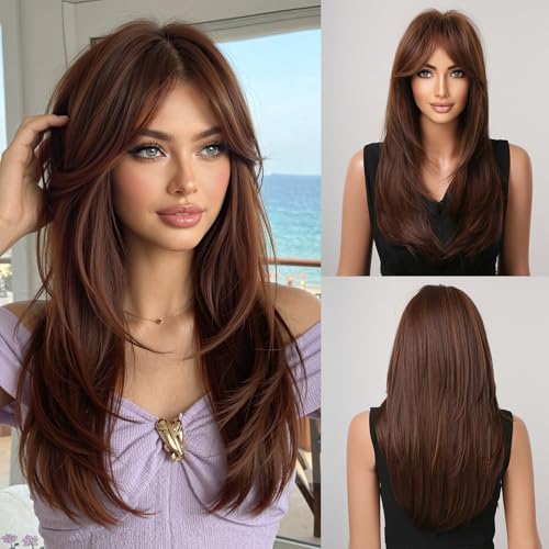 Esmee Long Straight Layered Brown Wig with Bangs for Women- 20IN