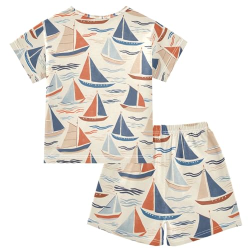 ALAZA Sailboat Cartoon Stylish Pajamas Set Short Sleeve Cotton Sleepwear Summer Pjs 2 Piece 5-14Y2