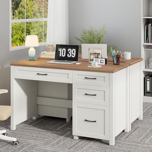 Image of Farmhouse 47 inch Executive Desk, Computer Desk with File Drawer, Off White