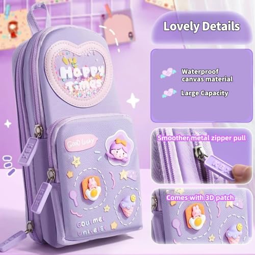 Image of Large Capacity Kawaii Purple Pencil Case - Cute 3-Compartment Stationery Organizer for School Supplies, Office, and Travel | Ideal Gift for Students, Artists, and Art Lovers, Holds 50 Pens or Pencils