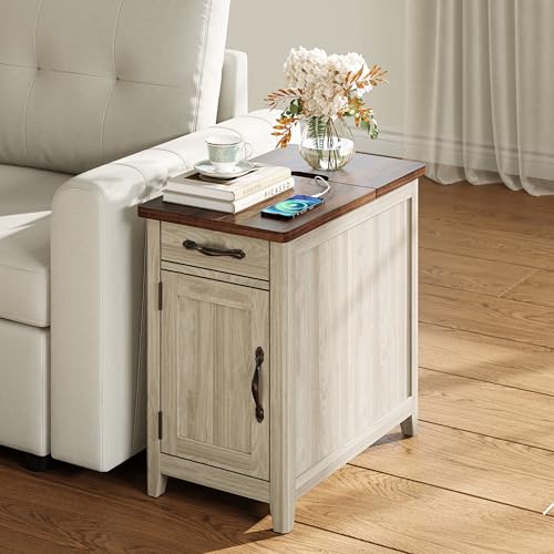 LINSY HOME End Table Set of 2 with Charging Station, Modern Farmhouse Sofa Couch Side Table, Wooden Bedside Table for Living Room Bedroom, Narrow Nightstand with Storage Cabinet for Small Space - Thumbnail 2