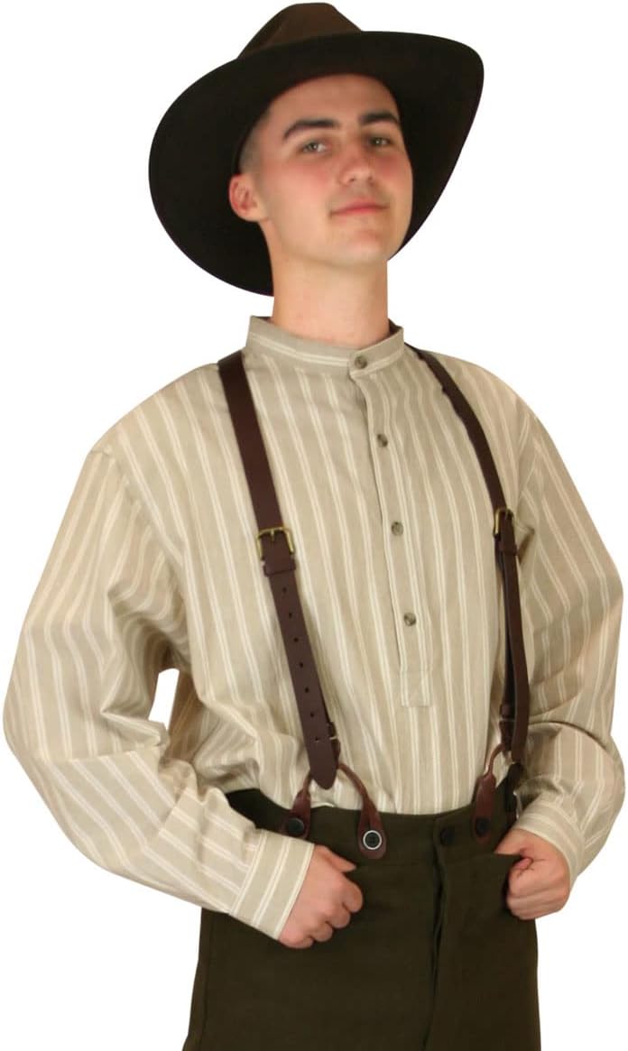 Historical Emporium Men's Band Collar Stiped Cotton Work Shirt, Victorian Edwardian Period Costume Reenactment