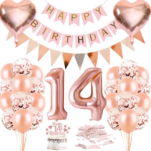 Luftballons 14. Geburtstagsdeko Rosegold Deko 14. Geburtstag Mädchen Ballons 14 Jahre Dekoration Riesen Folienballon Nummer Happy Birthday Banner Roségold Geburtstag deko Ballon 14 Jahre Mädchen