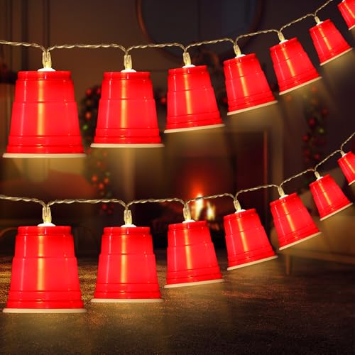 Hiboom 1 Pack 16.4FT 30 LED Red Cup Lights, Red Cup String Lights, Trailer Park Party Decorations, Battery Operated Mini Shot Cups Fairy Light for Home, Bar, Clubs, Christmas Party Supplies