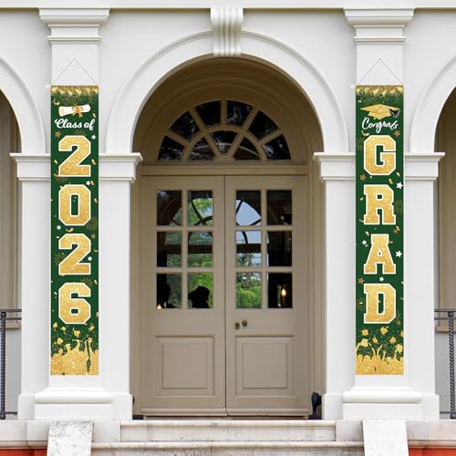 Image of 2026 Graduation Porch Sign Banner Green Gold | Class of 2026 Congrats Grad Porch Sign Banner Hanging Flag Graduation Party Decorations for School College Classroom Decor