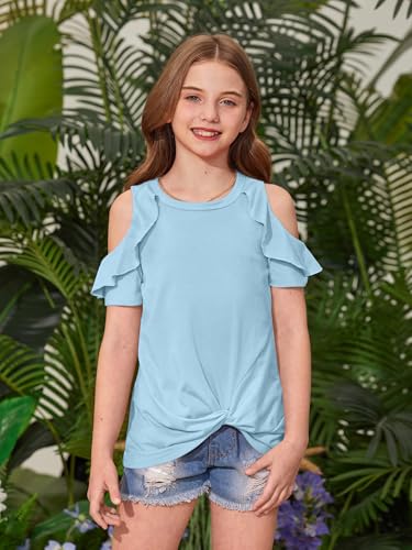 Image of BesserBay Girls Cold Shoulder Tops Twist Front Tunic Ruffle Sleeve Summer Blouses 5-14 Years
