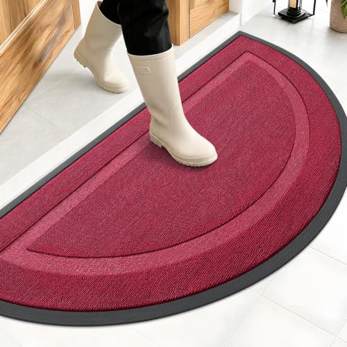 Image of OLANLY Half Circle Door Mat Indoor Outdoor Entrance Welcome, Waterproof All-Season, All-Weather Doormat, Sturdy Natural Rubber, Low Profile, Easy Clean Patio Porch Entryway Mat, 47x23, Burgundy