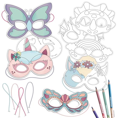 Papierdrachen Bastelset für Kinder - Papiermasken zum Ausmalen - Fabelwesen - Kreativ-Set - mit Gummizug - 8 Stück - Kindergeburtstag - ab 3 Jahren