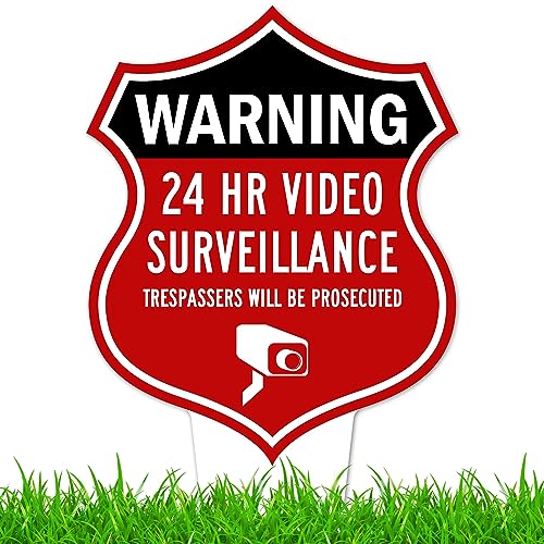 Image of Warning, 24 Hr Video Surveillance Sign, 9x17, Heavy Duty Integrated Ground Stakes, Indoor /Outdoor Use, Rust Free Aluminum Composite, Made in USA by My Sign center
