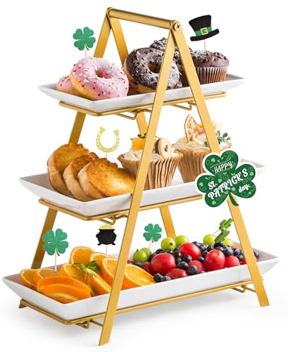 YHOSSEUN 3 Tier Serving Tray, Porcelain Tiered Tray Stand, 10+12+14 Inch Serving Platters and Trays with Collapsible Sturdier Rack, 3 Tiered Serving Stand Dessert Stands Treat Table Display Set, Gold