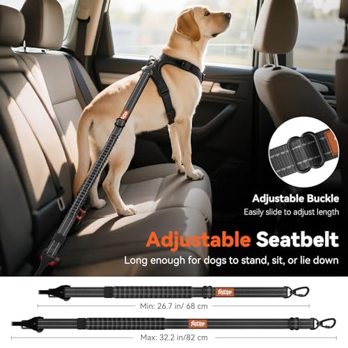 Tivray Anschnallgurt Hund Auto, Bungee Hund Auto Sicherheitsgurt, Auto Sicherheitsleine mit Schnalle und Clip Haken, Einstellbar Reflex Geschirr Tether, 360° Swivel Karabiner, Schwarz