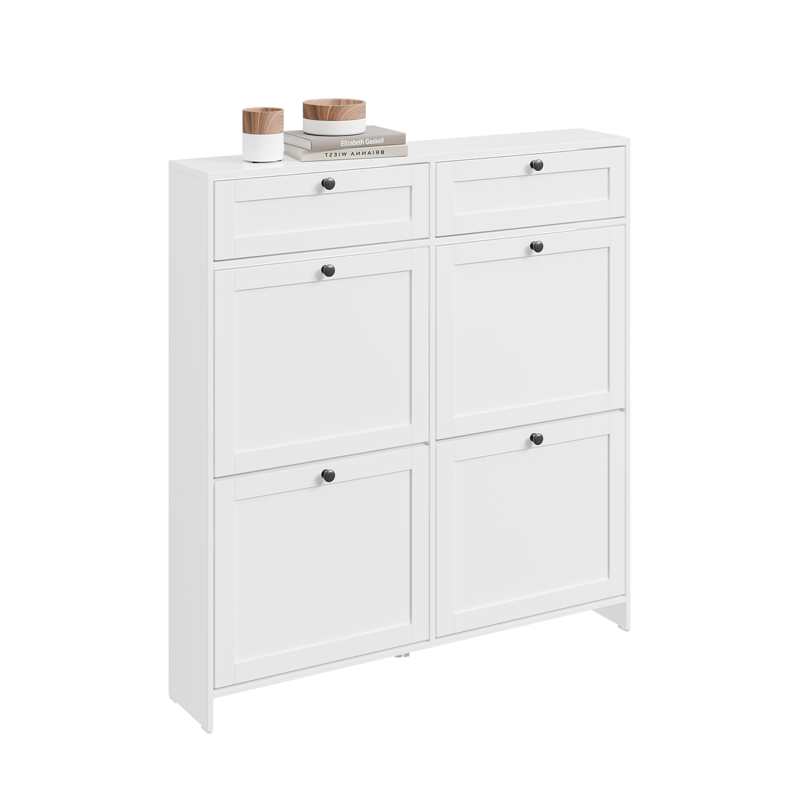 SoBuy Scarpiera Salvaspazio Slim, Scarpiera In Legno Bianco, Mobile Ingresso con 4 Ante a Ribalta e 2 Cassetti, a 12 Paia di Scarpe, Con Protezione Antiribaltamento, 100x19x107cm FSR208-W