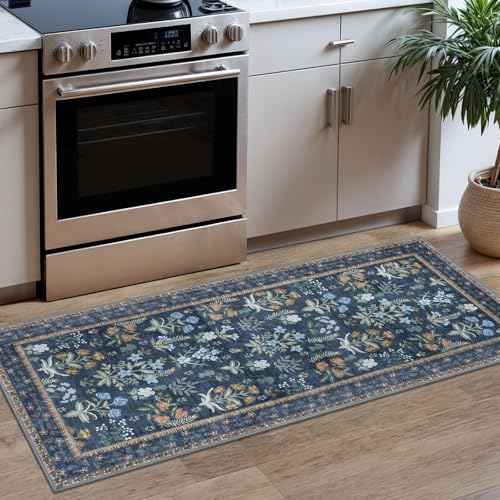 Lansny Boho 2x5 Runner, Navy Floral Washable Hallway Runner, Non-Slip Kitchen Runner, Super Thin Printed Faux Wool Soft Carpet for Entryway, Front Door, Backdoor, Bedside