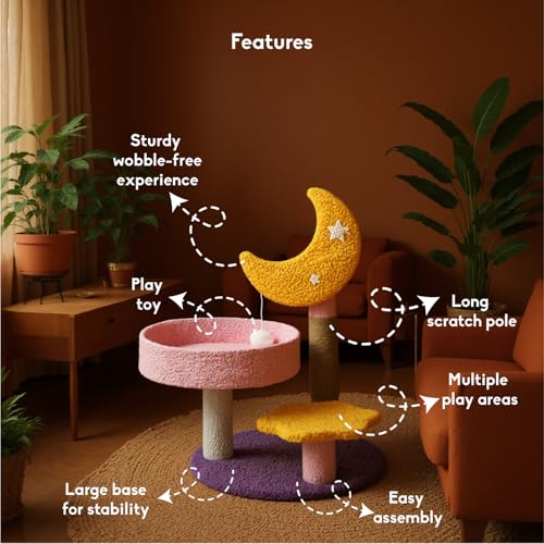 Image of Tsuki Moon-Themed Cat Tree for Indoor Cats & Kittens | 3-Tier Cat Scratching Post with Cozy Perch, Star Step, Sisal Rope & Hanging Pom-Pom Toy | Aesthetic Furniture for Indian Homes