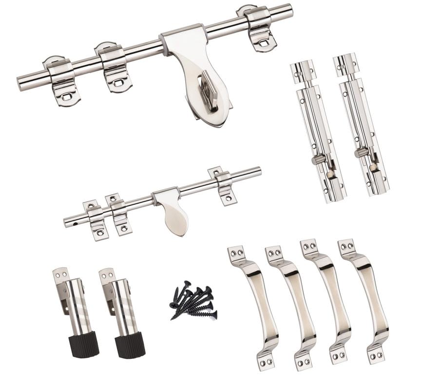 Image of COMPASS Paan Stainless Steel Heavy Double Door Fitting Accessories Full Set /Kit (1 Aldrop, 1 Latch, 4 Handles, 2 Tower Bolt and 2 Door Stopper | 12 inch | SS Finish