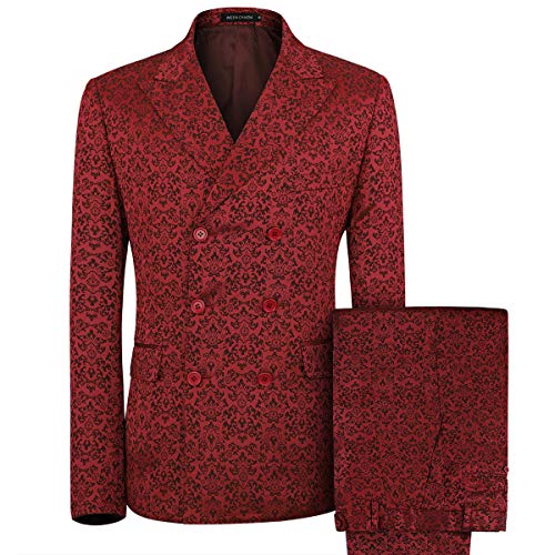 WEEN CHARM Men's Floral 3-Piece Suit Dress Suit Blazer Jacket Pants Tux Vest Prom Tuxedo Red
