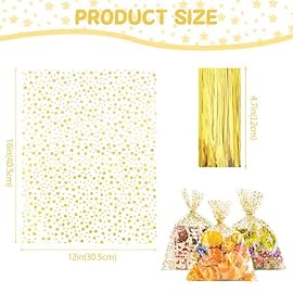 COQOFA Clear Cellophane Treat Bags - 12x16, 50 pcs, Gold for Birthday, Wedding, Party