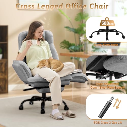 Image of Office Chair,Big and Tall Heavy-Duty Executive Reclining Computer Gaming Chair with Footrest,Flip Armrests,Lumbar Pillow&Thicken Wider Seat for Criss Cross Legged Desk Vanity Chair,Teddy Fabric Grey