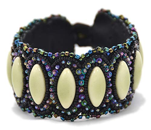 Bracelet plat en cuir couleur ivoire bijou tendance porcelaine et verre