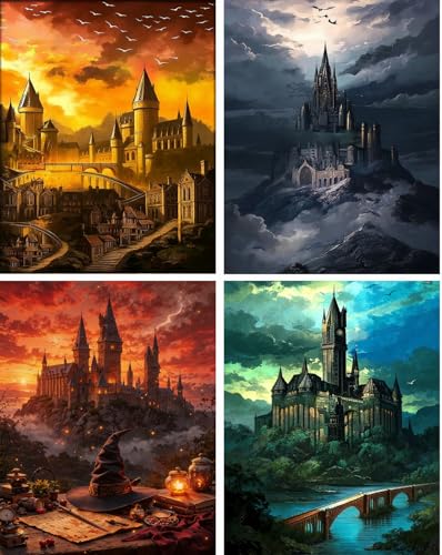 4 Pack Magic Castle Diamond Art Kits for Adults Beginner DIY Gifts Diamond Painting Kits 5D Diamond Dots Gem Art Crafts with Tools Round Full Drill Funny Crafts for Home Wall Decor&Gift-12x16inch