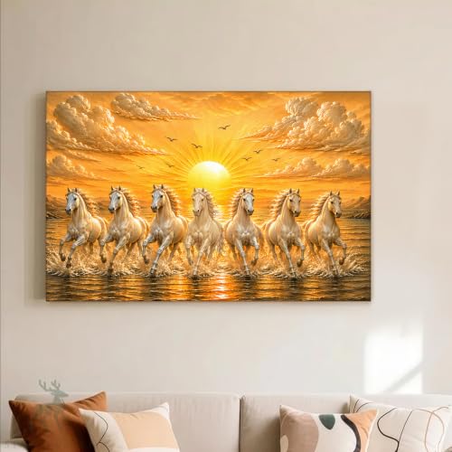 Image of PAINTINGMANTRA 7 White Running Horses Canvas Wall Art Painting For Living Room|Seven Running Horses Vastu Stretched Canvas Painting For Bed Room, Home & Office, 22x34 Inch