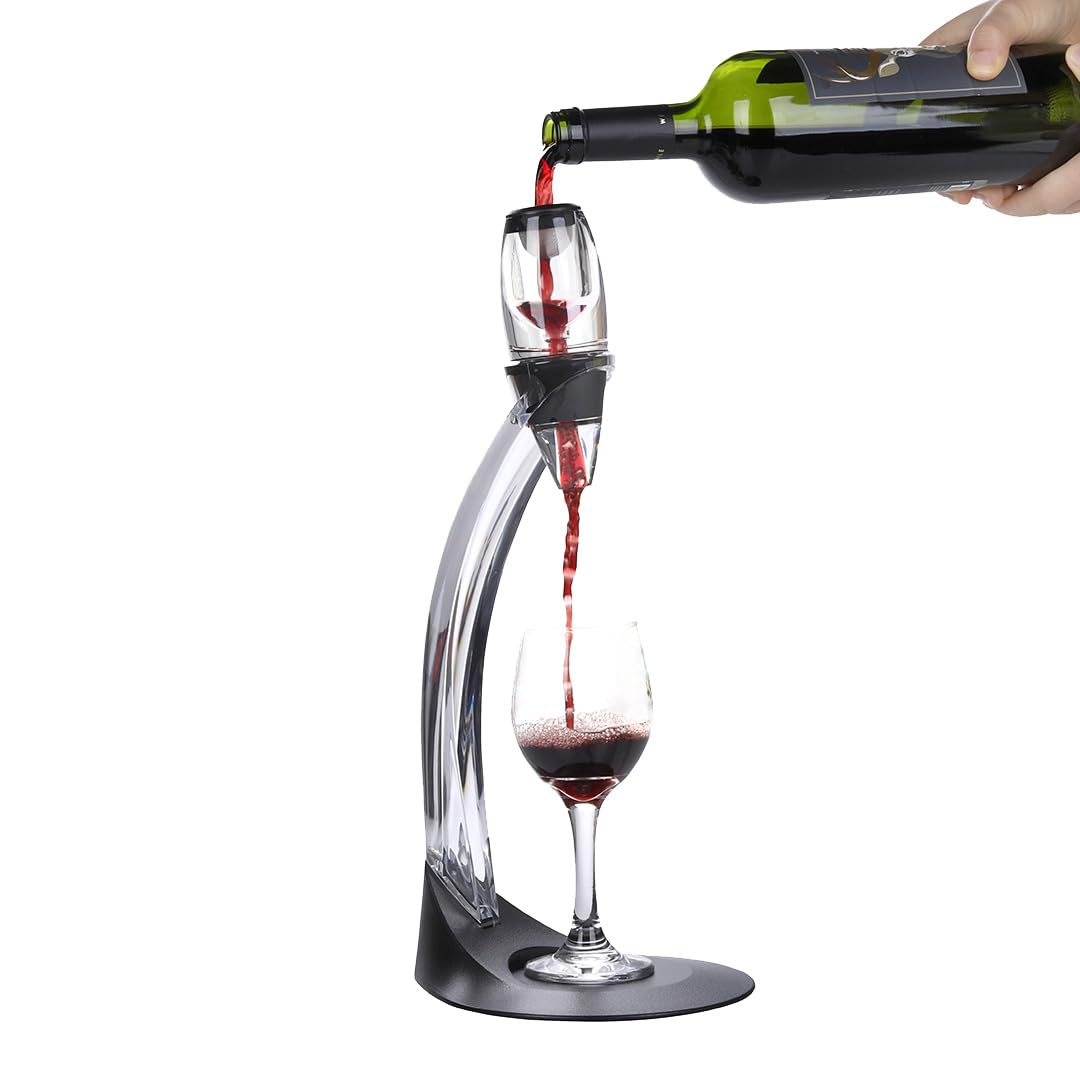 NK Set decanter per vino + supporto - aeratore per vino filtrato, materiale acrilico, filtro incorporato, con supporto per bicchiere di vino e sacchetto di tessuto, altezza 41 cm, colore nero