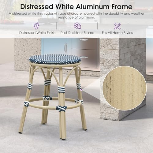Image of PURPLE LEAF Outdoor French Round 26 inch Counter Stool Set of 2 Large Woven Wicker Backless Armless Barstool White Print Aluminum Frame for Patio Island Kitchen Cafe Rattan Chairs Deep Blue