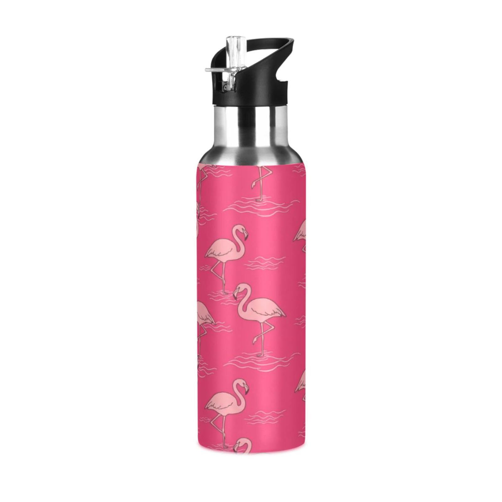 BOESI Bright Flamingos Insulated Water Bottle 600ml, Stainless Steel Vacuum Sports Bottle with Straw, Leak Proof Thermal Bottle for Gym Travel Outdoor