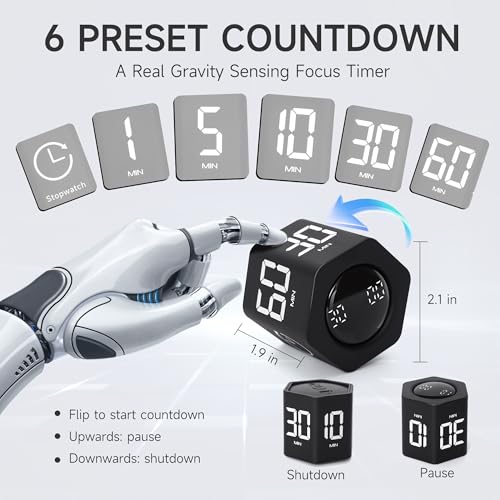 Image of Productivity Timer 1, 5, 10, 30, 60 Minutes Preset, Desk Cube Timer with Gravity Sensor /Mute /Vibration for ADHD, Work, Study, Kitchen, Back to School (Black)