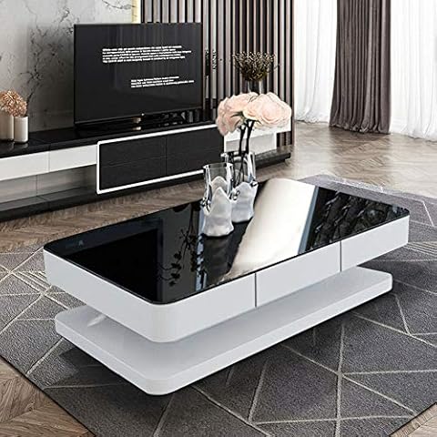 OFCASA 2 Drawers Coffee Table with Black Glass Top White High Gloss Wood Storage Cabinet for Living Room Sofa Home Office Cover