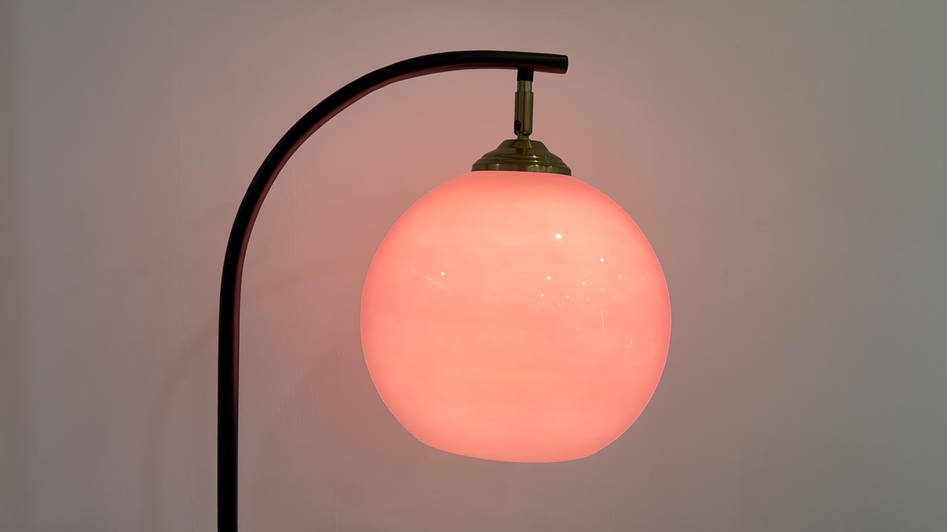 Image of Pink Arc Floor Lamp with Natural Marble Base, Mid Century Modern | Pink Glass Globe, Adjustable Height, E26 3-Color Temperatures Bulb, Foot Switch, Black Pole For Living Room, Bedroom, Office
