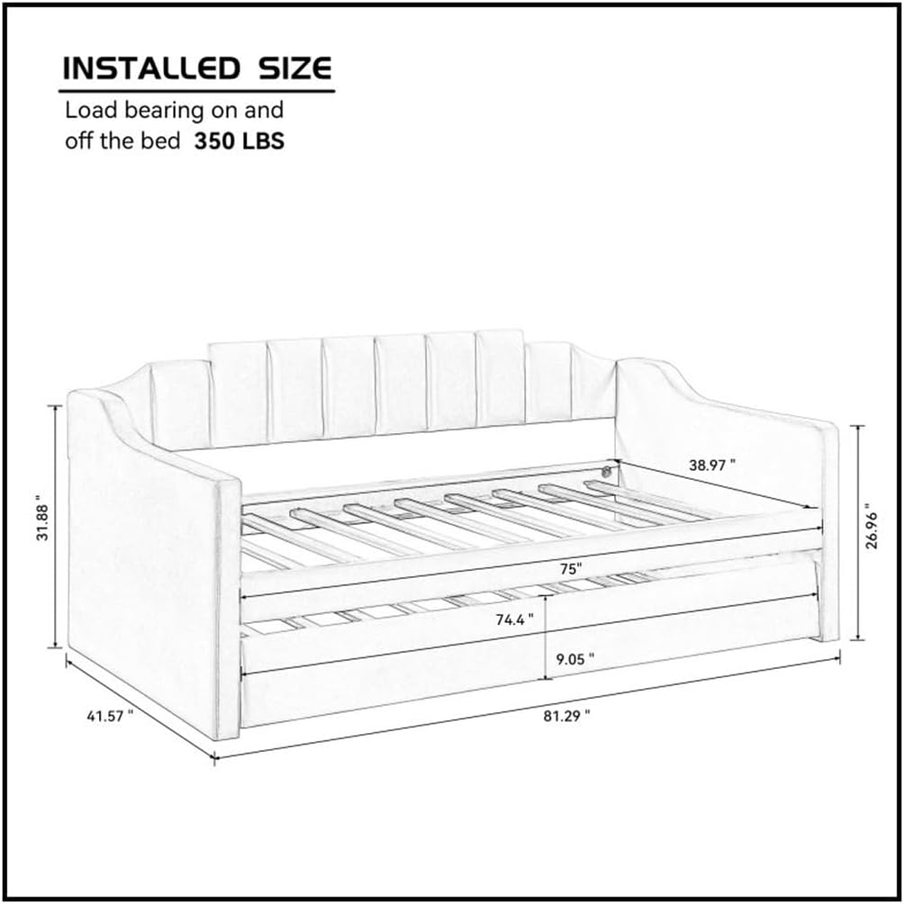 Beige Velvet Daybed with Trundle Upholstered Tufted Sofa Bed, Both Twin Size for Indoor Living Room Furniture